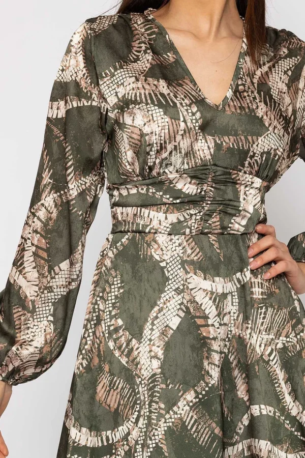 Alina Khaki Print Midi Dress