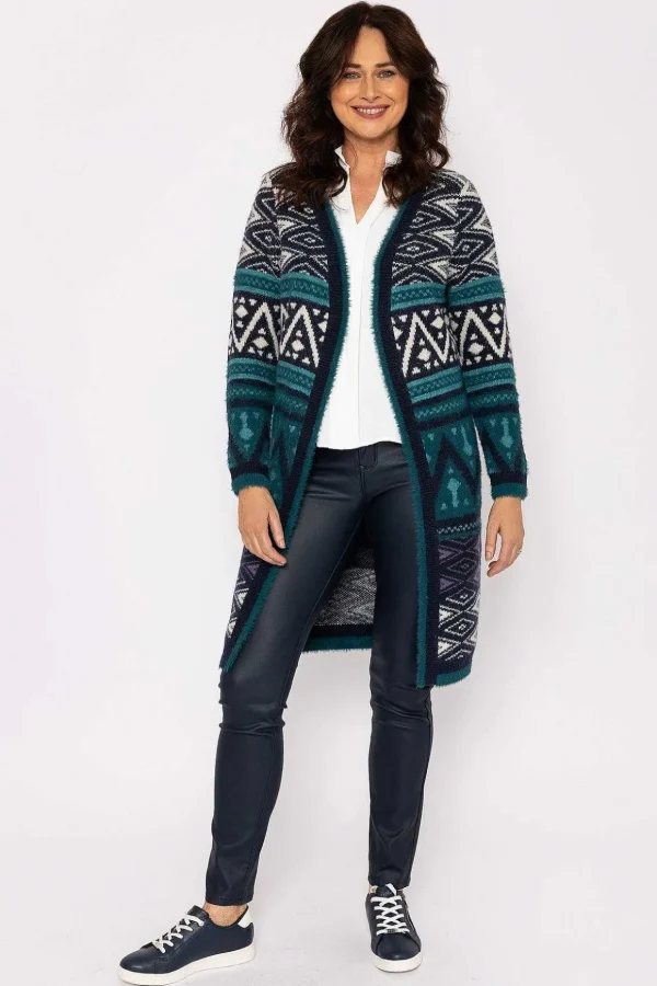 Aztec Longline Cardigan In Teal