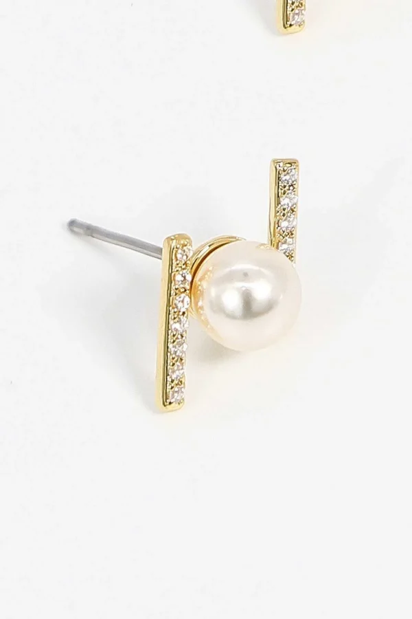 Bar And Pearl Earrings In Gold