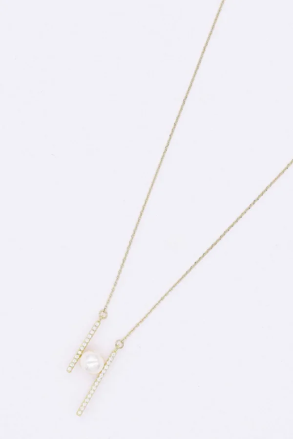 Bar And Pearl Necklace In Gold