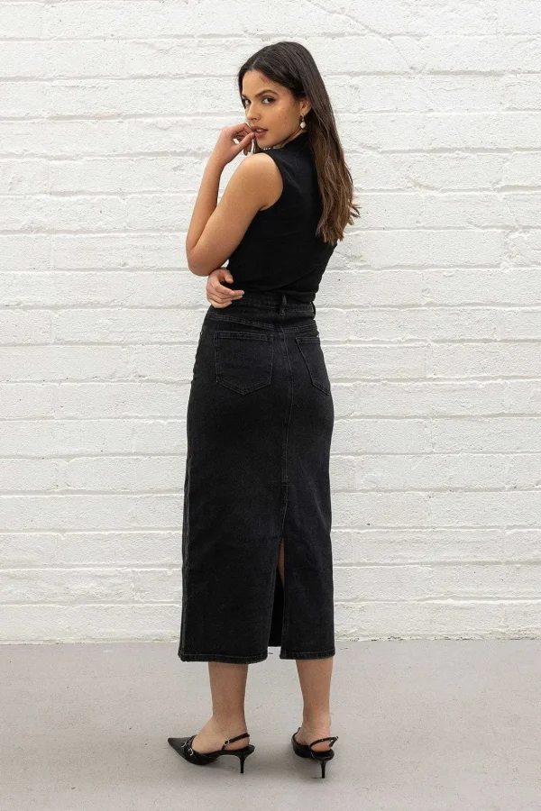 Black Denim Midi Skirt