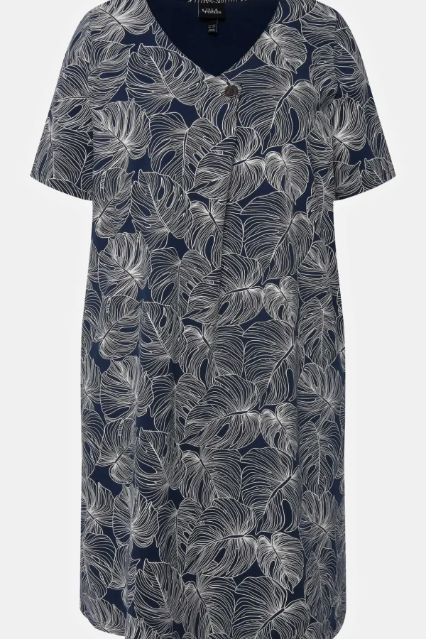 Black Monstera Print Short Sleeve Midi Dress