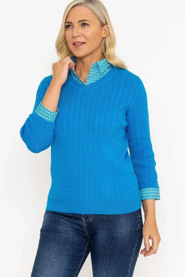 Blue Cable Knit Sweater With Shirt Collar