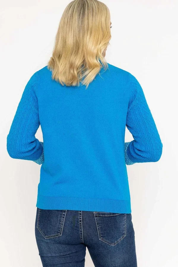 Blue Cable Knit Sweater With Shirt Collar