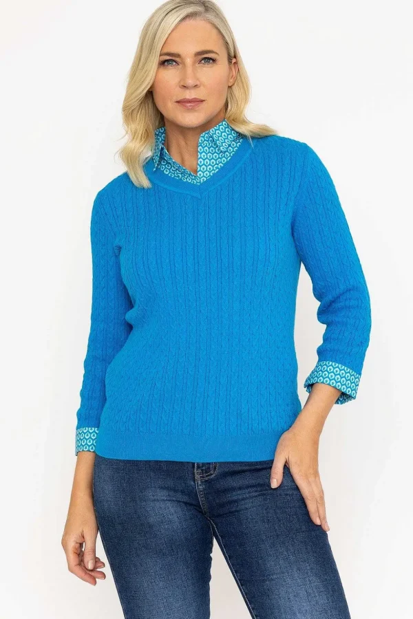 Blue Cable Knit Sweater With Shirt Collar