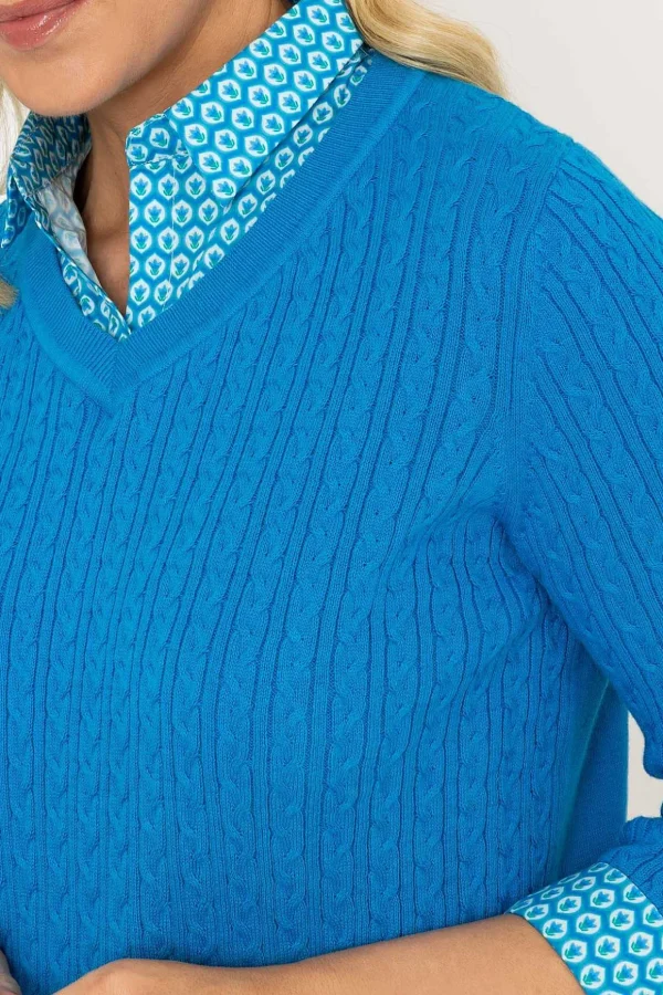 Blue Cable Knit Sweater With Shirt Collar