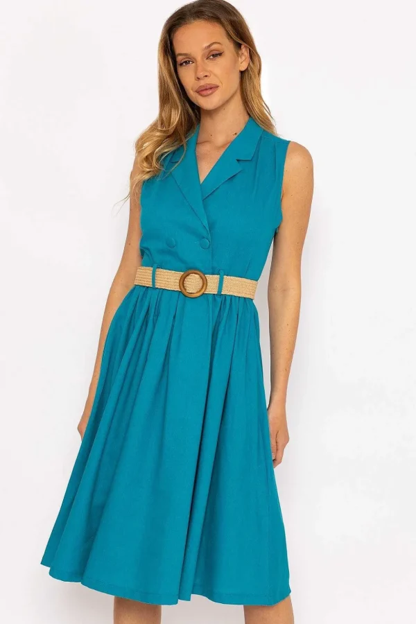 Blue Linen Sleeveless Shirt Dress