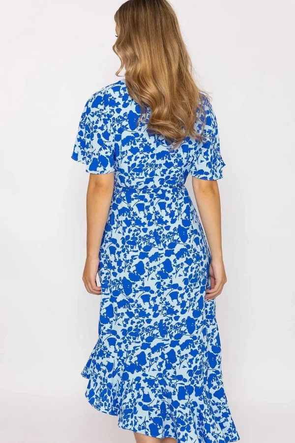 Blue Ruffle Wrap Midi Dress