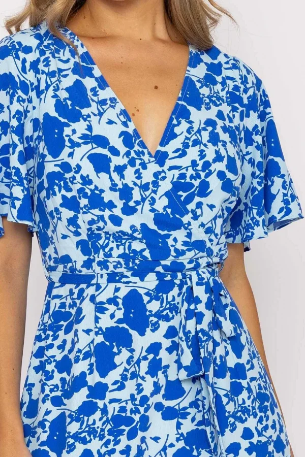 Blue Ruffle Wrap Midi Dress