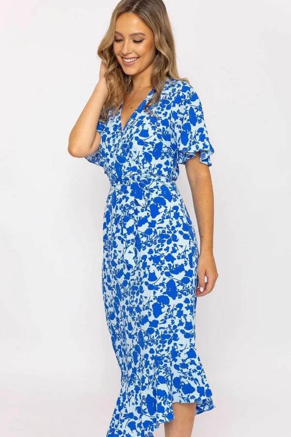 Blue Ruffle Wrap Midi Dress