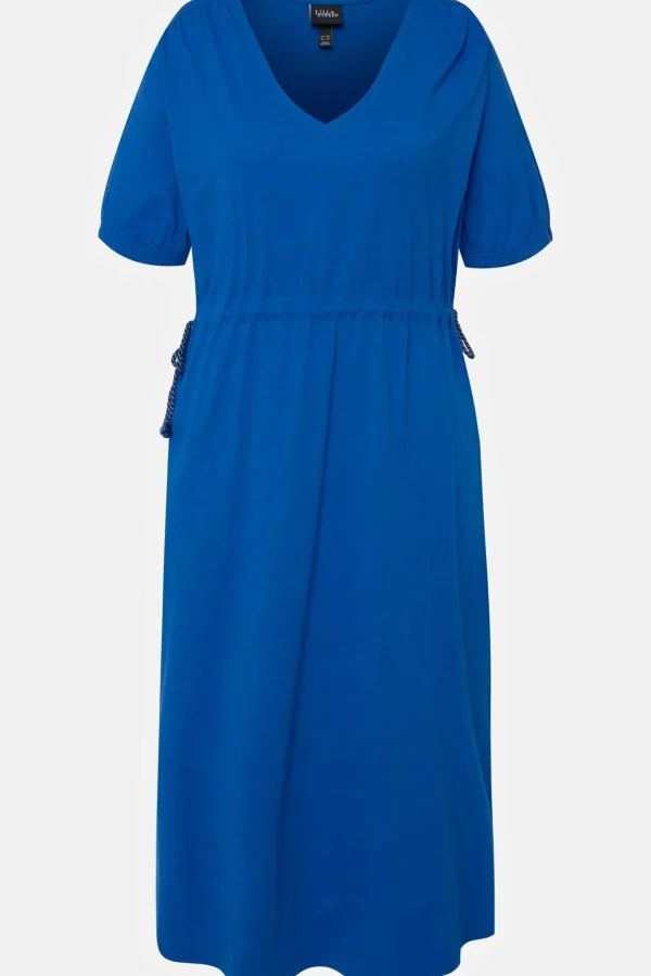 Blue Short Sleeve Drawstring Waist Midi Dress