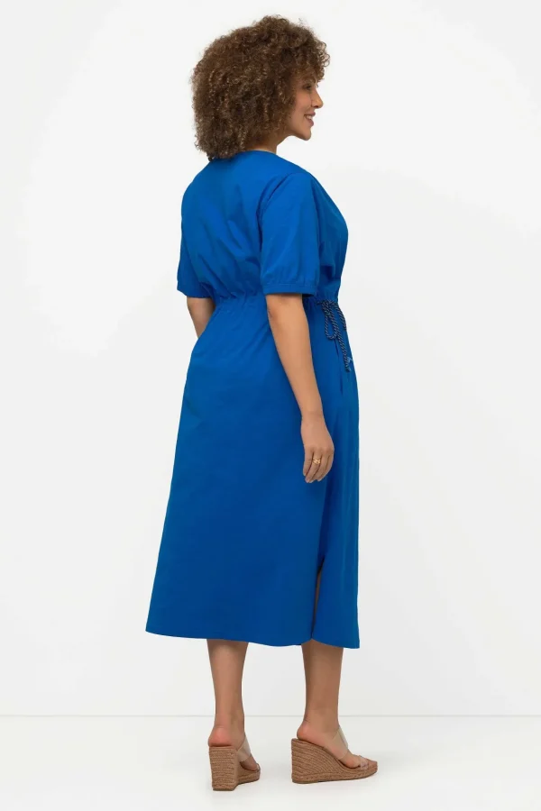 Blue Short Sleeve Drawstring Waist Midi Dress