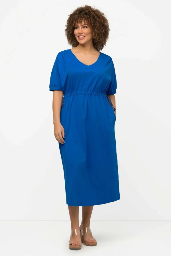 Blue Short Sleeve Drawstring Waist Midi Dress