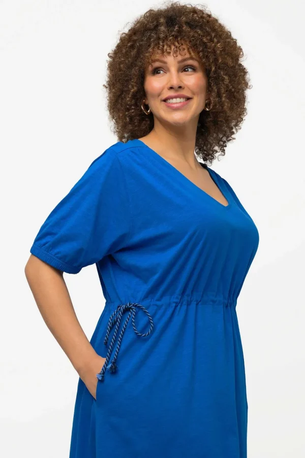 Blue Short Sleeve Drawstring Waist Midi Dress