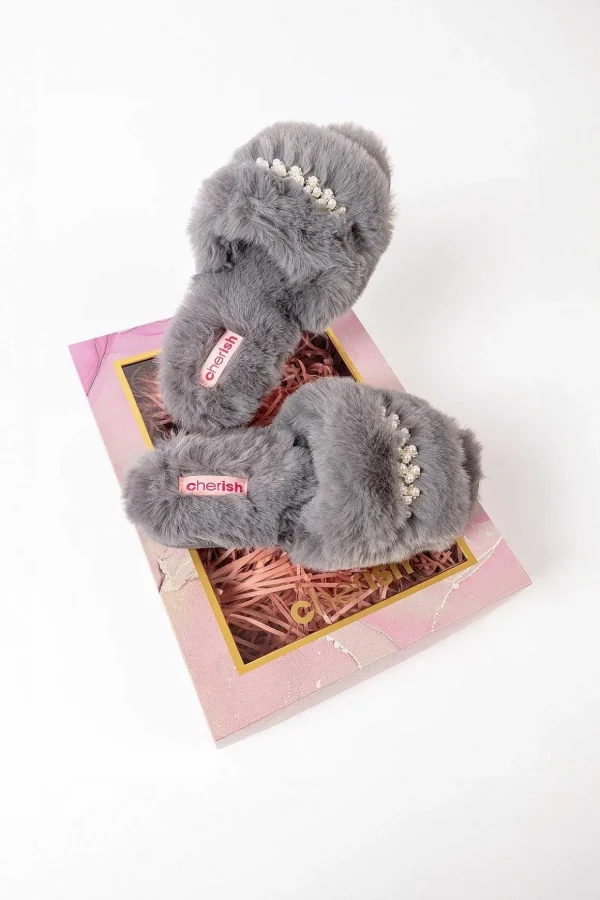 Boxed Embellished Slippers In Grey