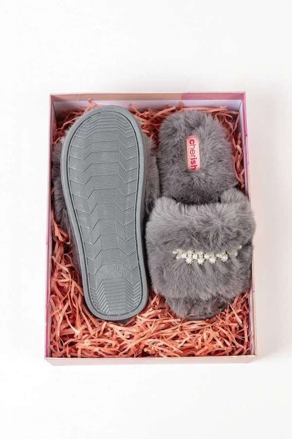 Boxed Embellished Slippers In Grey