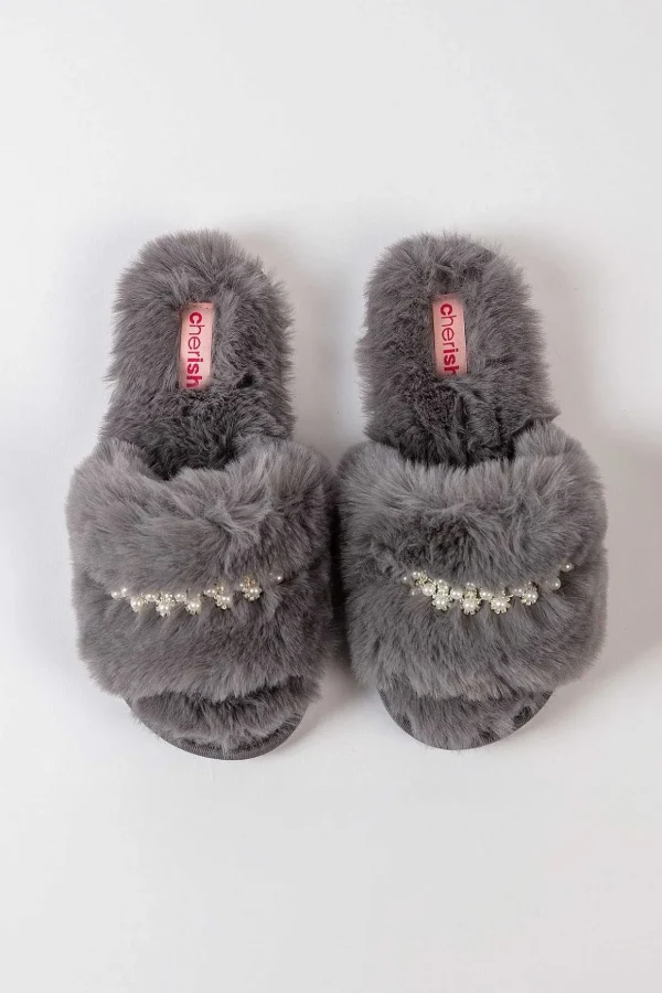 Boxed Embellished Slippers In Grey