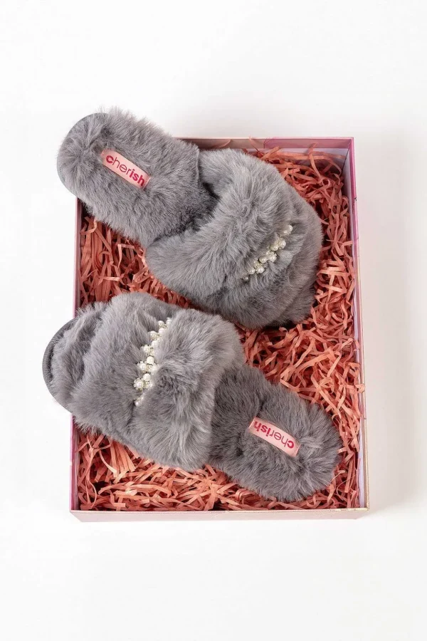 Boxed Embellished Slippers In Grey