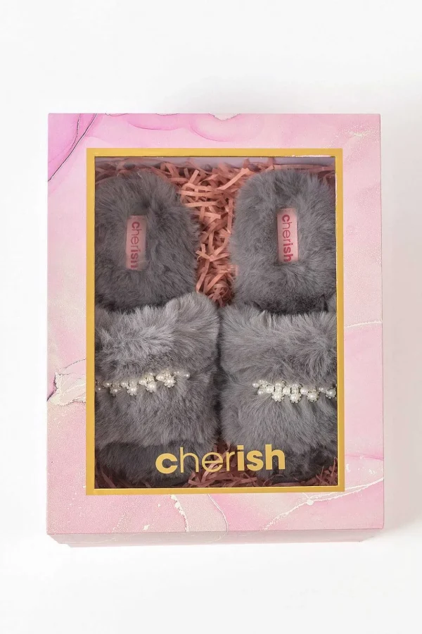 Boxed Embellished Slippers In Grey