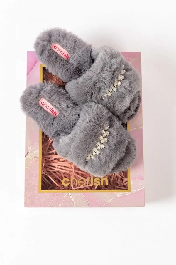 Boxed Embellished Slippers In Grey