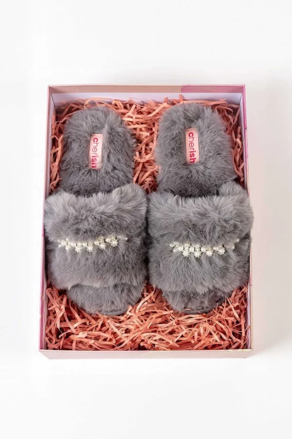 Boxed Embellished Slippers In Grey