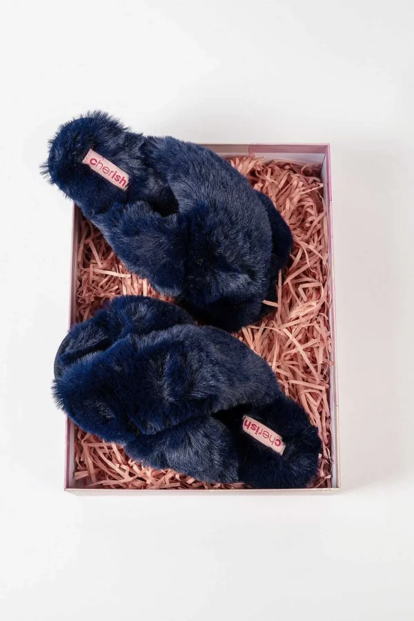 Boxed Navy Faux Fur Quilted Slippers