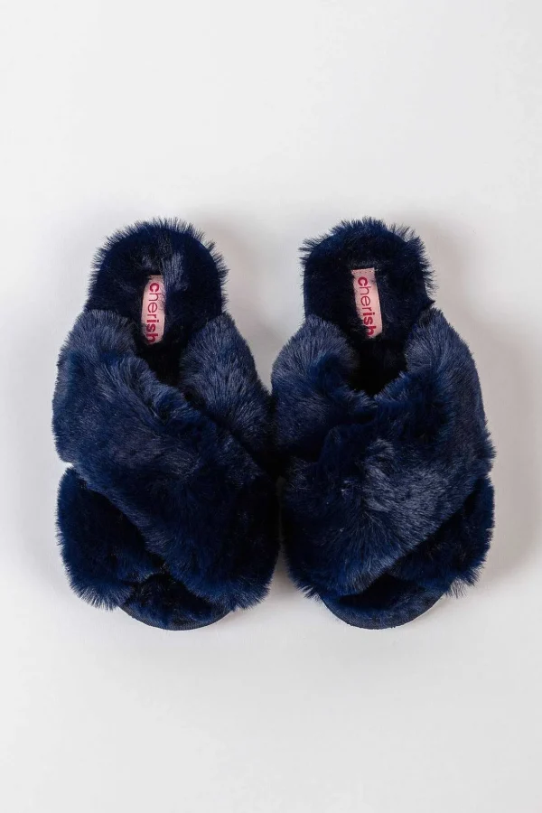 Boxed Navy Faux Fur Quilted Slippers