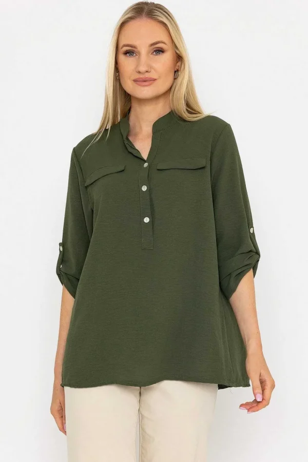 Collarless Shirt In Khaki