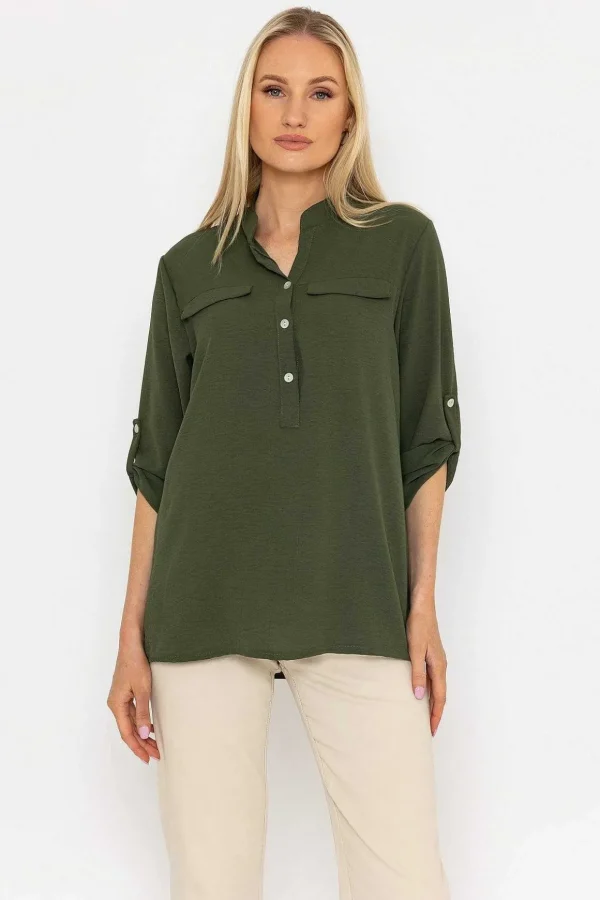 Collarless Shirt In Khaki