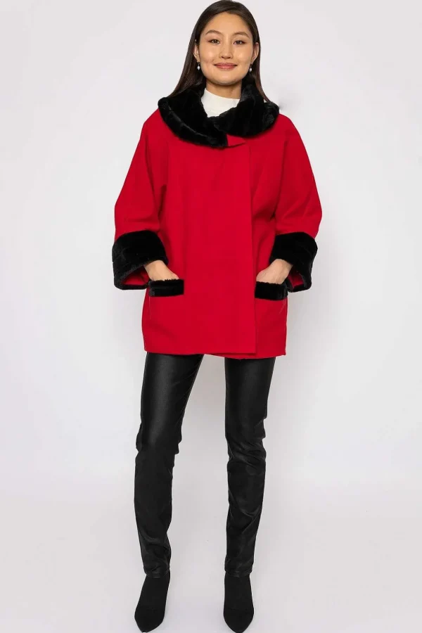 Faux Fur Trim Jacket In Red