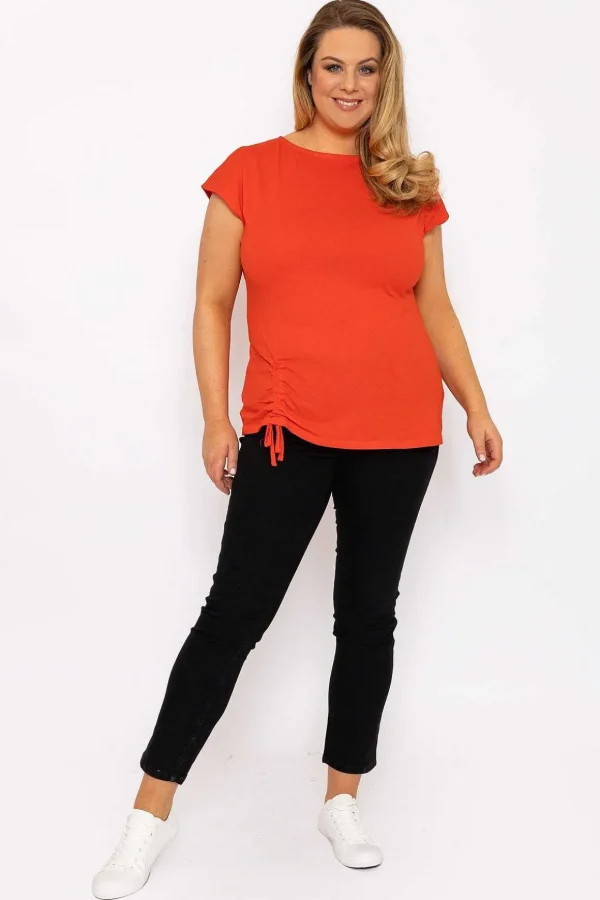 Gathered Hem Short Sleeve Top In Red