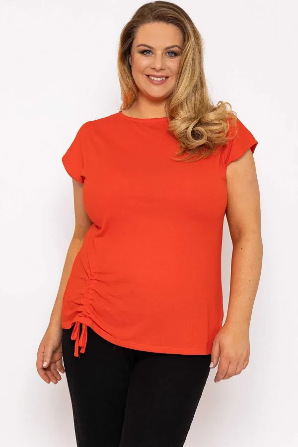 Gathered Hem Short Sleeve Top In Red