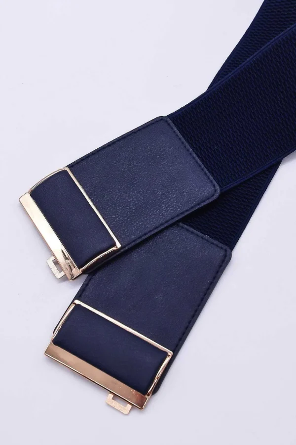 Gold Clasp Elastic Belt In Navy