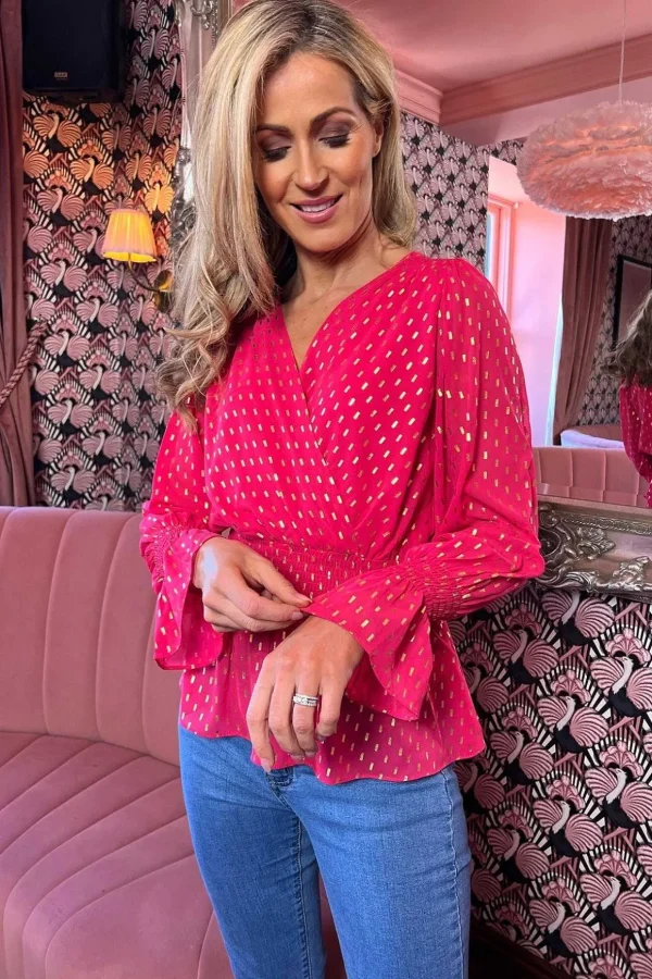 Gold Detail Wrap Top In Pink