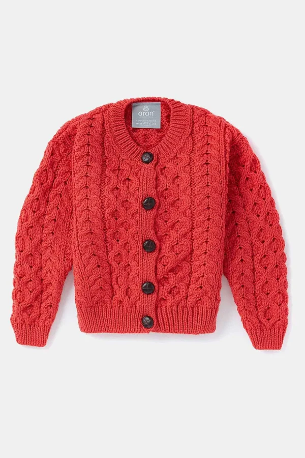 Kids Aran Cardigan In Red