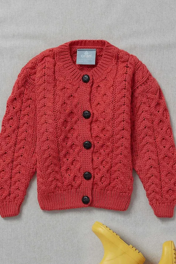 Kids Aran Cardigan In Red