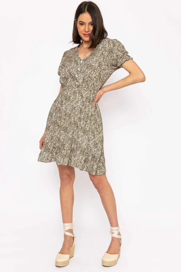 Kimberley Short Dress In Khaki Floral Print