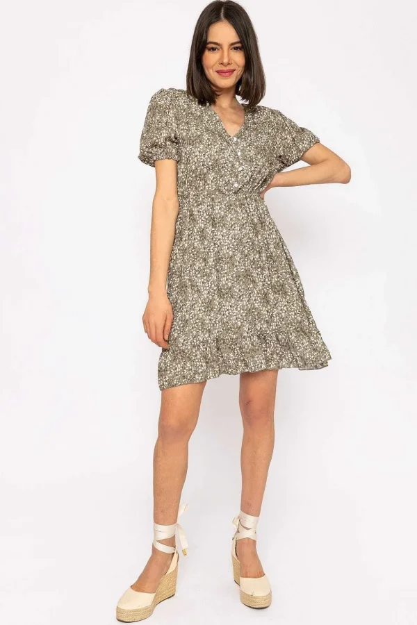 Kimberley Short Dress In Khaki Floral Print