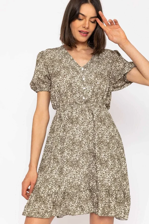 Kimberley Short Dress In Khaki Floral Print