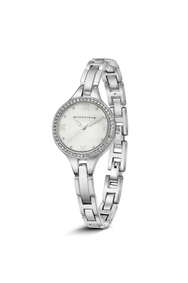 Ladies Silver Plated Round Watch With Clear Stones