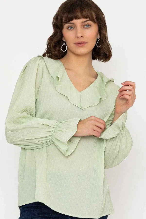 Long Sleeve Ruffle Blouse In Sage