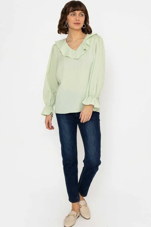 Long Sleeve Ruffle Blouse In Sage