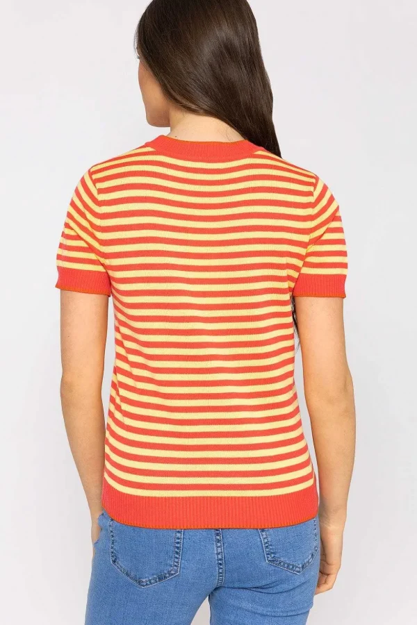 Merino Stripe Crew In Coral