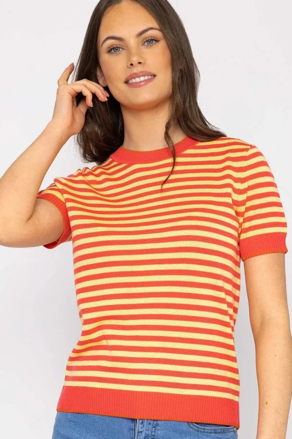 Merino Stripe Crew In Coral