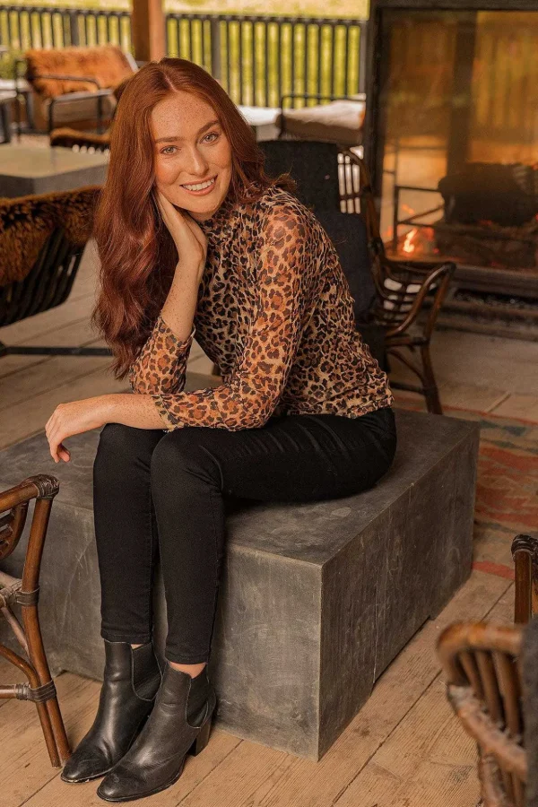 Mesh High Neck Top In Leopard Print