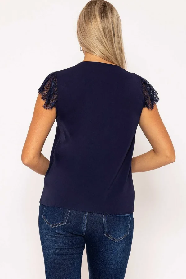 Navy Cap Sleeve Lace Top