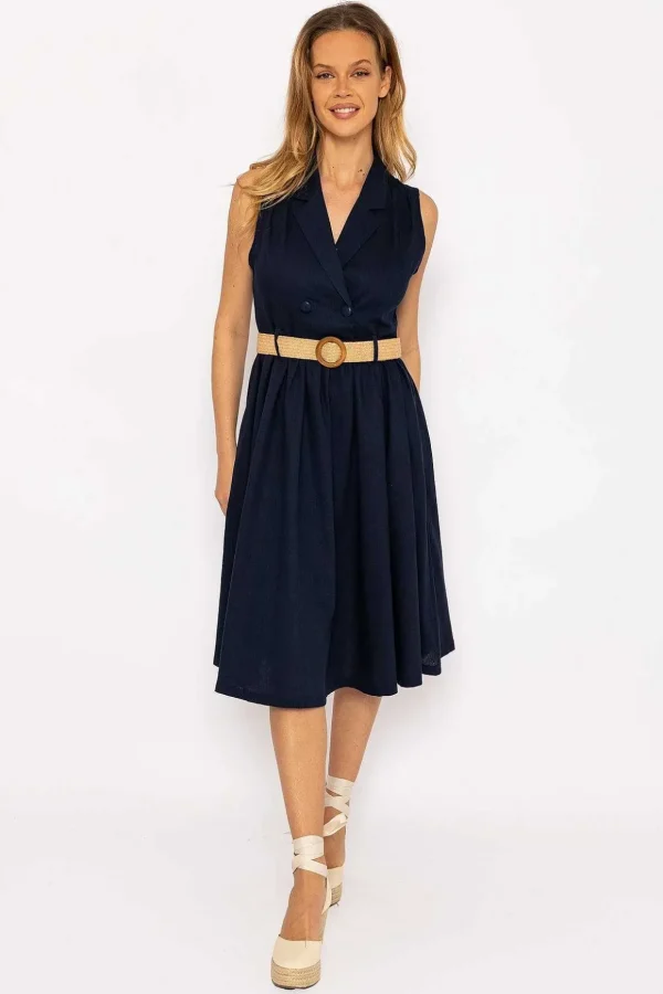 Navy Linen Sleeveless Shirt Dress