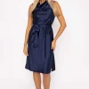 Navy Satin Cowl Neck Dress