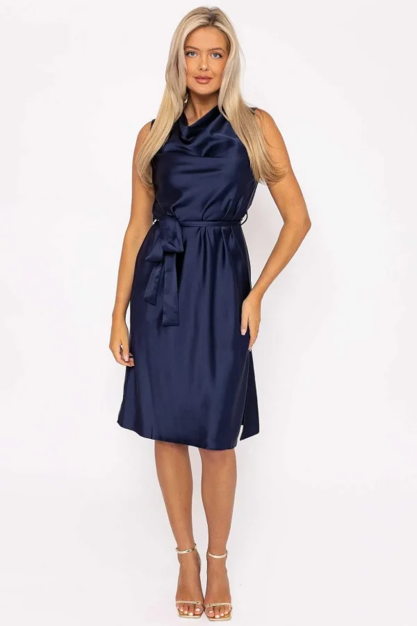 Navy Satin Cowl Neck Dress