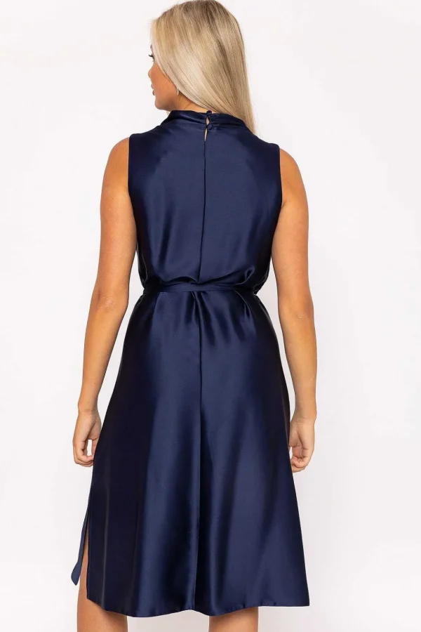 Navy Satin Cowl Neck Dress